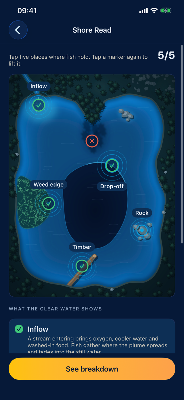 Shore Read reveal screen showing holding spots and reasons